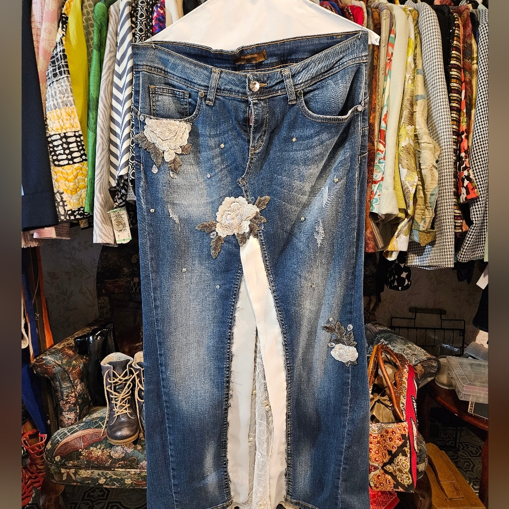 Embroidered Blue Jeans with Floral Accents